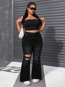 Quần jeans ống loe rách co giãn màu xanh đậm mùa hè cỡ lớn cho nữ - màu đen - Xem 8