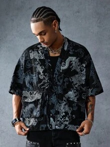 ROMWE MEN Anime 男士中国龙印花短袖前系带牛仔衬衫 - 藍色 - 查看 1