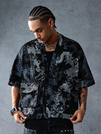 Anime Men's Chinese Dragon Print Short Sleeve Front-Tie Denim Shirt