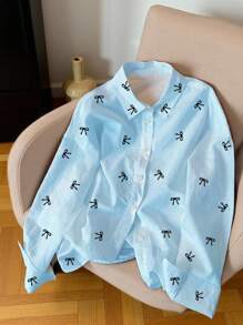 SHEIN Bow Print Front Button Casual Long Sleeve Shirt Fall Cloth For Women - Blue - View 1