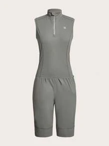 SHEIN Sports Women's Stand Collar Half Zip Front Sleeveless Vest And Knee-Length Shorts Outdoor Set - Grey - View 6