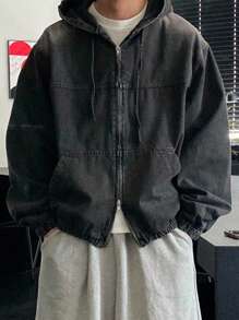 DAZY 男士纯色水洗连帽设计黑色牛仔夹克，秋季 - 黑色 - 查看 1