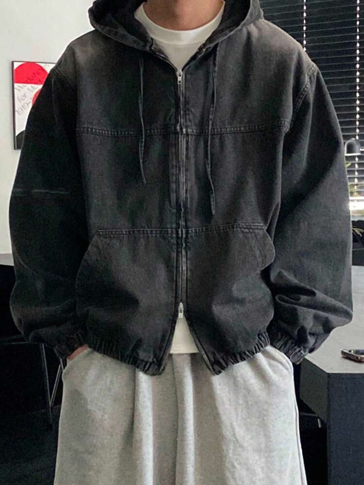 Men's Solid Color Washed Hoodie Design Black Denim Jacket, Autumn