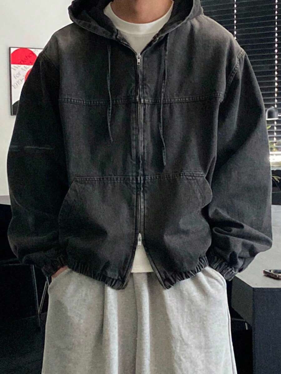 DAZY 男士纯色水洗连帽设计黑色牛仔夹克，秋季 - 黑色 - 查看 1