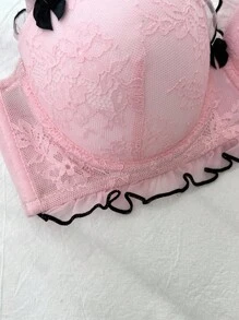 DelicateAllure 粉色字母图案可爱蕾丝设计时尚聚拢文胸，粉色蕾丝文胸，可爱聚拢文胸，蕾丝半罩杯文胸，舒适优雅细节内衣文胸 - 粉色 - 查看 4