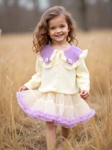 SHEIN Young Girl Coordinated Casual Simple Comfortable Contrast Color Polo Sweater Skirt