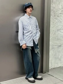 DAZY Camisa de hombre con estampado de rayas y hombros caídos, ropa de otoño para hombre de manga larga