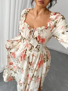 Elenzga 万圣节加大码女士优雅法式时尚个性化荷叶边泡泡袖修身长裙，适合日常穿着、外出、通勤，秋季女装 - 彩色 - 查看 4