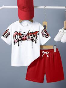 GraphicGems 2 件年轻男孩“最酷的兄弟”涂鸦印花圆领短袖白色 T 恤和红色编织短裤套装，夏季