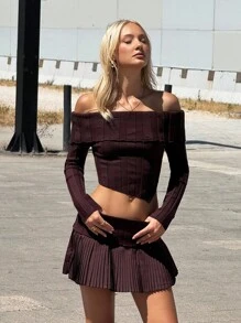 SHEIN ICON Women's Solid Color Off Shoulder Long Sleeve Asymmetric Hem Cropped Sweater And Pleated Knit Mini Skirt 2 Pieces Set Fall Women Clothes - Brown - View 5