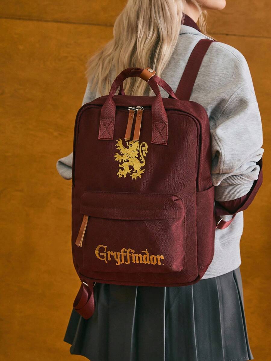 HARRY POTTER X SHEIN 女士时尚狮子字母图案大容量背包 - 酒紅色 - 查看 1