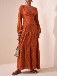 Zivah 2025 Fall Early Autumn New Arrival, Suitable For Birthday Party, Back To School, Campus Style, Daily Wear, Casual, Vacation, Cruise Travel, Beach, Sunbathing, Fashionable, Streetwear, Elegant, Commute, Business Casual V-Neck Long Lantern Sleeve, Waist Cinched A-Line, Multi-Layer Ruching, Extra-Wide A-Line, Brown Cutout Fabric, Early Autumn Extra-Long Dress, Women Maxi Dress - Brown - View 7