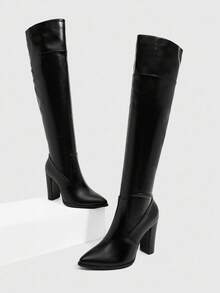 CUCCOO SZL 女士时尚黑色英伦风格骑士靴，性感尖头扣带粗跟修身高筒过膝正装靴 - 黑色 - 查看 9