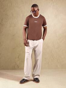 SUMWON 极简主义撞色T恤，印有“情感疏离”字样，休闲都市街头风图案上衣，必备基础款生活方式标语T恤，纯色 - 棕色 - 查看 4