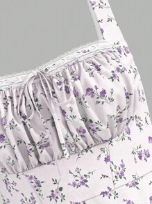 SHEIN MOD 大码女式方领蕾丝装饰露背系带花卉度假浪漫长裙，适合约会、返校大码挤奶女工连衣裙，生日女士休闲连衣裙，婚礼宾客女士连衣裙，女士生日连衣裙，适合约会、生日、初秋、温布尔登风格、温布尔登服装 - 彩色 - 查看 3