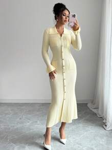 Selianne Elegant Ribbed Cream Yellow Ruffle Trim Collared Single-Breasted Fitted Waist Midi Knit Dress, Autumn/Spring - Yellow - View 3