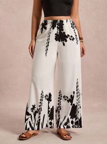 SHEIN VCAY Quần ống rộng in hoa giản dị cỡ lớn - Xám - Xem 6