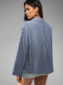 MISSGUIDED Oversized Button Down Collar Shirt Wide Cuff Striped Long Sleeve Office Wear Professional Business Casual Spring Fall Fashion Top Classic Navy White Stripe Pattern