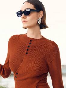 Uhlyne Uhlyne Suéter de punto cruzado con botones elegante y entallado para mujer, estilo minimalista, para otoño/invierno - Óxido marrón - Ver 2