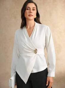 Flouryn Plus Size Elegant White Women Blouse,Metal Decor Pleated Design Long Sleeve Solid Color Versatile Top For Autumn Dinner Party Business Casual Work - Beige - View 5