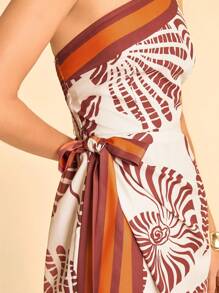 CAJUNI 女士度假棕色和橙色撞色饰边贝壳印花扭纹后背褶饰系带连衣裙，适合暑假、约会、派对、海滩、返校 - 彩色 - 查看 5