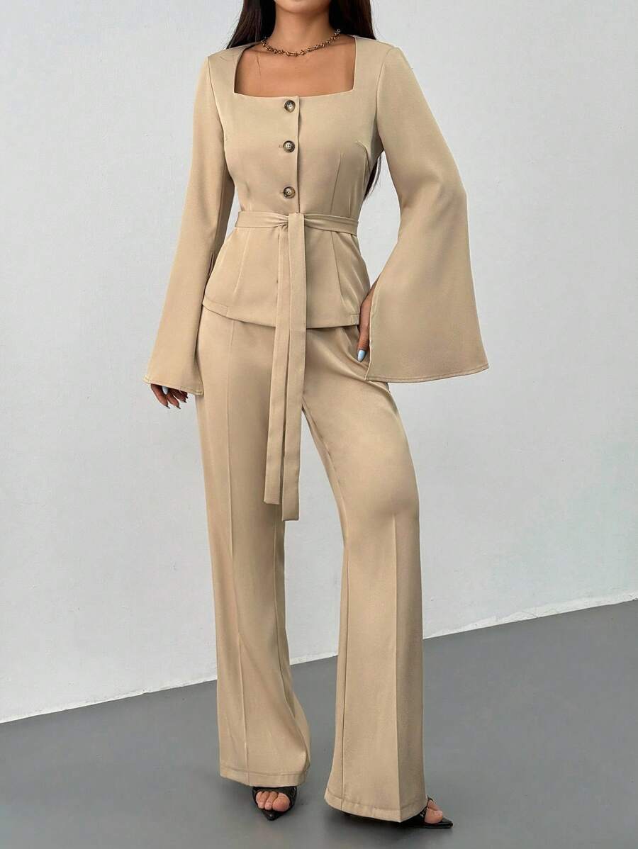 Chiquease Women's Elegant Square Collar Split Ruffle Sleeve Tie Waist Blazer & Pants Suit Set,Khaki Summer Elegant Work Formal Fall Two Pieces Suit Set Cloth - Khaki - View 1