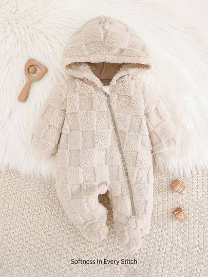 Cozy Pixies Mono con capucha con cremallera, de forro polar texturizado a cuadros, informal y lindo para bebé niño, otoño/invierno