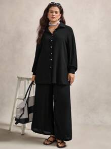 Zelara Plus Drop Shoulder Solid Shirt & Trousers Set - Black - View 5