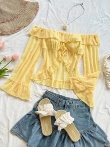 Soleia Women's Holiday Cream Yellow Chiffon Crinkle Fabric Off Shoulder Ruffle Trim Long Sleeve Blouse, Suitable For Holiday Dates, Afternoon Tea, Island Getaways, Beach Vacations, City Trips, Boho Vacations, Music Festivals Yellow Off The Shoulder Top Ruffle Tops Yellow Ruffle Top Ruffle Blouse Yellow Top Yellow Blouse Ruffle Sleeve Top Chiffon Top Women Yellow Blouse Off Shoulder Top ,Elegant Women's Blouses Yellow Blouses Cute Yellow Top Summer Tops Yellow - Yellow - View 7
