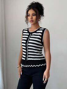 Selianne Sleeveless Round Neck Floral Hem Contrast Color Elegant Romantic Delicate Women Sweater Vest - Black and White - View 7