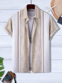 Manfinity RSRT Men's Summer Fashionable Holiday Style Casual Shirt, Slim Fit Short Sleeve Button Up Shirt - Khaki - View 3