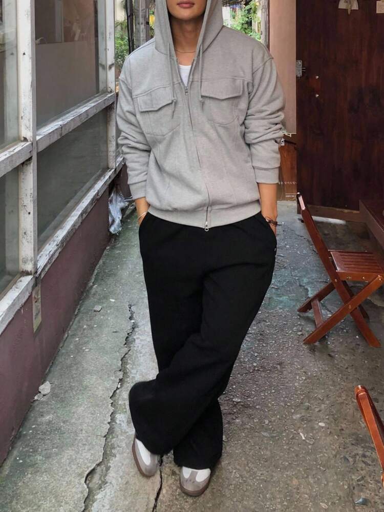 Men's Grey Jacket With Large Pockets And Open Front Design, Autumn