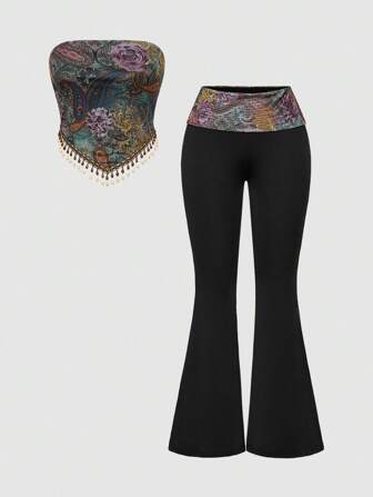 Hippie Conjunto bohemio de mujer con estampado de paisley, flecos con cuentas de madera y estilo retro hippie del festival de música western