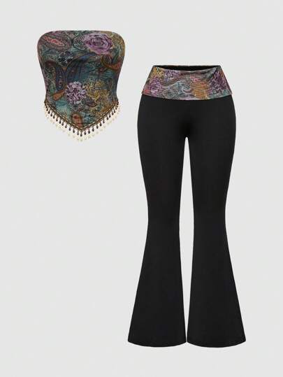 Hippie Ensemble bohème rétro hippie de festival de musique western avec perles en bois, franges et imprimé cachemire pour femmes