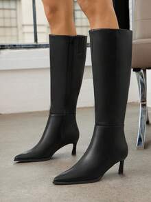 SHUZIA #RunwayReady Women's 2.25" Slanted Kitten Heel & Pointed Toe Pu Black Sleek Knee-High Boots– Designer-Inspired Elegance That Elevates Any Outfit With A Sophisticated, Chic Touch. For Christmas - Black - View 2