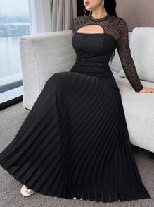 Modelyn Robe élégante à manches longues en dentelle ajourée avec ourlet plissé pour femmes - Noir - Voir 5