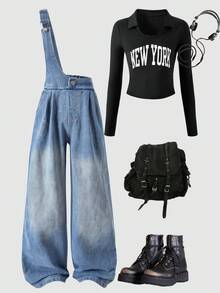 2 件套青少年女孩休闲可爱服装，黑色背景白色字母印花圆领上衣，金属扣牛仔背带裤，适合休闲、上学、散步、旅行