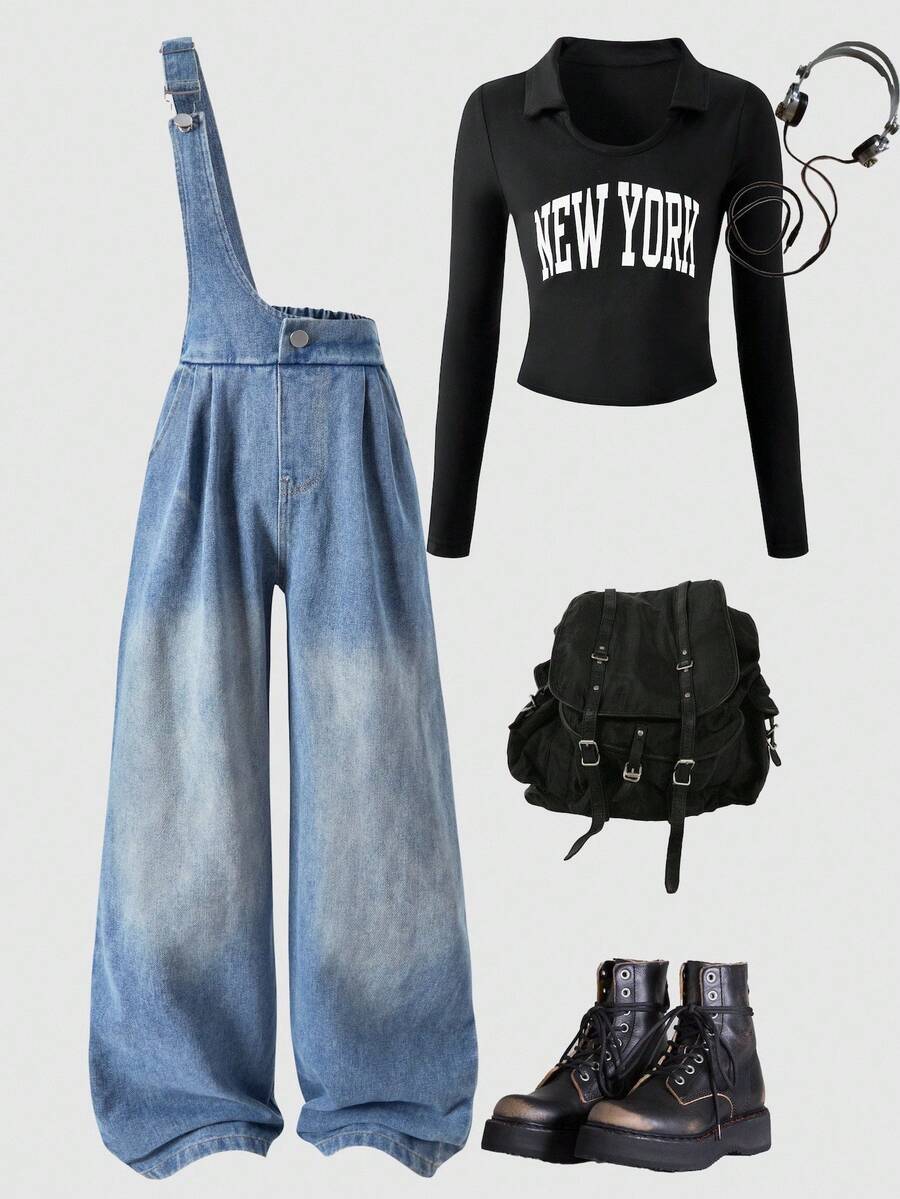 2 件套青少年女孩休闲可爱服装，黑色背景白色字母印花圆领上衣，金属扣牛仔背带裤，适合休闲、上学、散步、旅行