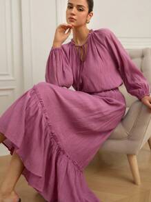 Aveloria 2 件女式褶皱效果高腰宽松舒适灯笼袖半透明系带 V 领荷叶边下摆衬衫和长裙套装，夏季/秋季 - 紫色 - 查看 3