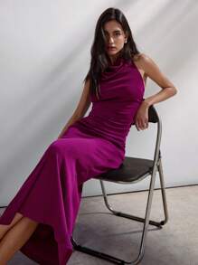 Maija Conjunto de top corto sin mangas de cuello drapeado de punto acanalado morado y falda de cintura alta, estilo ceñido cómodo y agradable a la piel, adecuado para Pascua, festival de música, brunch de graduación, elegante