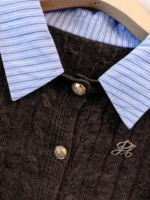 GlowEve CURVE Áo len cổ bẻ cài nút cổ tay áo len cardigan chắp vá cỡ lớn 2 trong 1 - Cà phê nâu - Xem 3