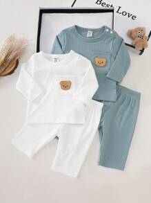 SHEIN 4-Piece/Set Newborn Baby Boy Cute Cartoon Teddy Bear Embroidered Long Sleeved T-Shirt Pants Soft Ribbed Knitted Blue And White Stripe Autumn Holiday - Multicolor - View 1