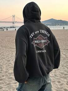 DAZY Men's Letter Graphic Hooded Sweatshirt, Autumn - Grey - View 2