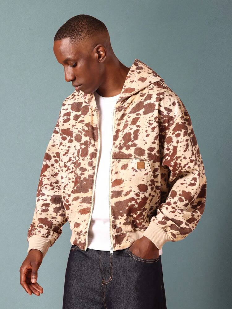 Cowhide Print Cotton Bomber Jacket With Hood