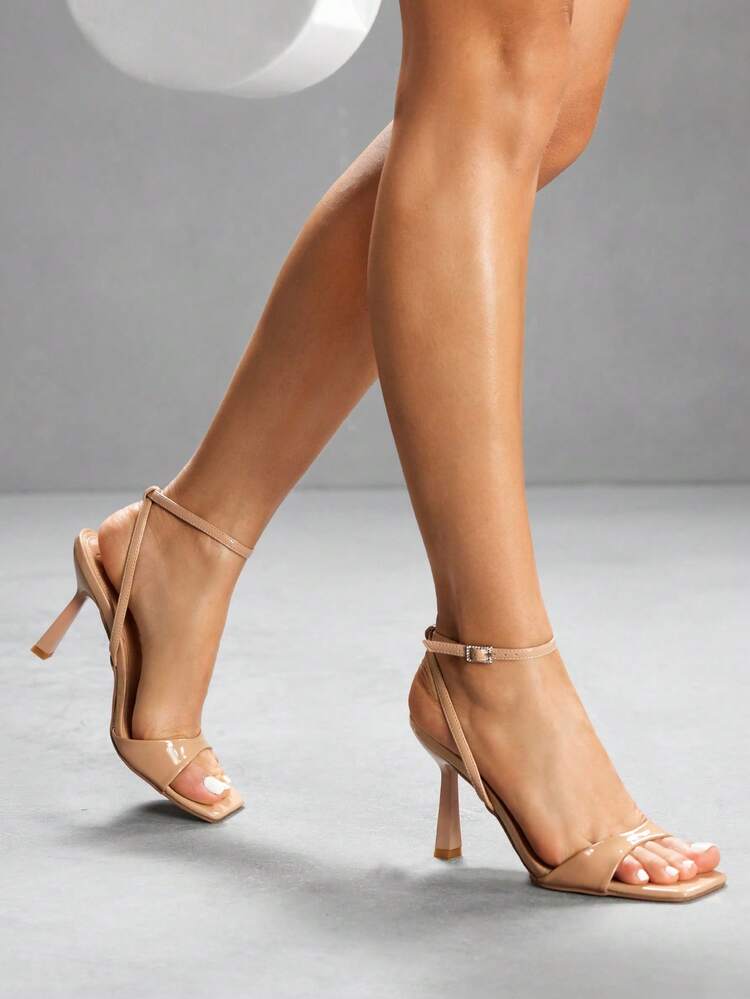 CUCCOO SZL Women's Fashion Apricot Material Thin Strap Ankle Strap Rhinestone Decor Square Toe Stiletto High Heel Sandals, Suitable For Commute, Date, Wedding, Party, Holiday, Valentine's Day For Christmas Spring Shoes Prom Heels Summer Shoes