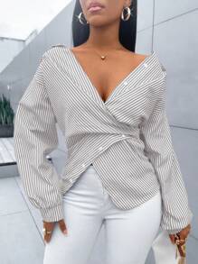 SOLERSUN 女式条纹印花纽扣前开襟衬衫，不对称下摆，蝙蝠袖，裹身衬衫，秋季，长袖，优雅，日常通勤，外出，休闲 - 灰色 - 查看 5