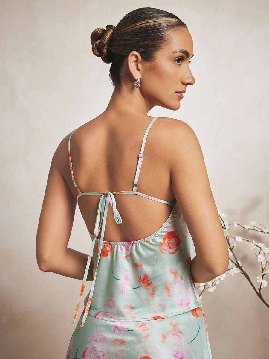 L'Amorae Summer Sexy Floral Print Lace-Up Backless Camisole - Multicolor - View 1