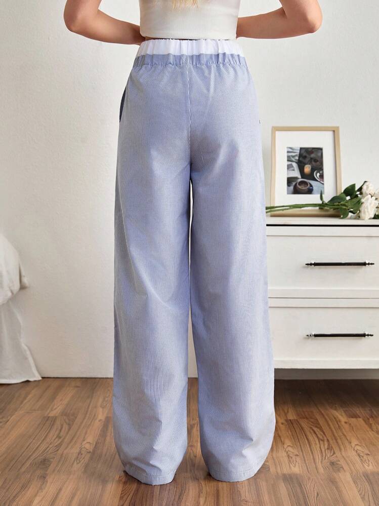 SHEIN Tall Two Pieces Multipack Tall Size White High-Waisted Contrast Blue Striped Woven Plus Size Women's Pants - Multicolor - View 8