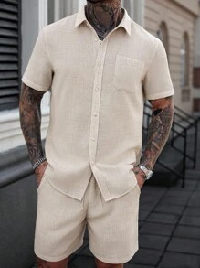 Manfinity CasualCool 男士单排扣亚麻短袖衬衫和短裤休闲两件套 - 杏色 - 查看 3