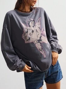 Bohemela Moletom feminino casual de malha com gola redonda, cor sólida, solto e lavado, grande, outono/inverno